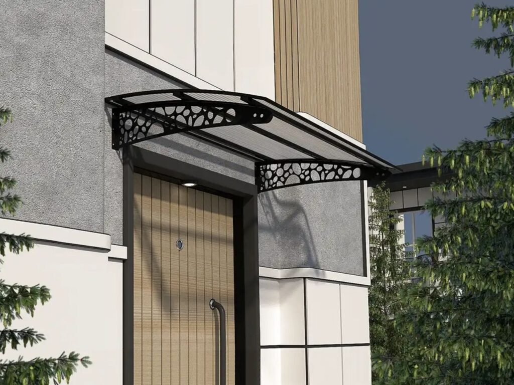 Metal taşıyıcılı Kapı Üstü Pratik Sundurma Çakıl Serisi Siyah Ayak Şeffaf Levha