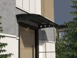 Metal taşıyıcılı Kapı Üstü Pratik Sundurma Yıldız Serisi Antrasit Ayak Siyah Levha