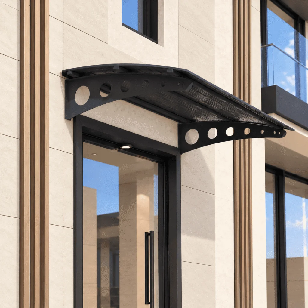 Metal taşıyıcılı Kapı Üstü Pratik Sundurma Oval Serisi Antrasit Ayak Siyah Levha