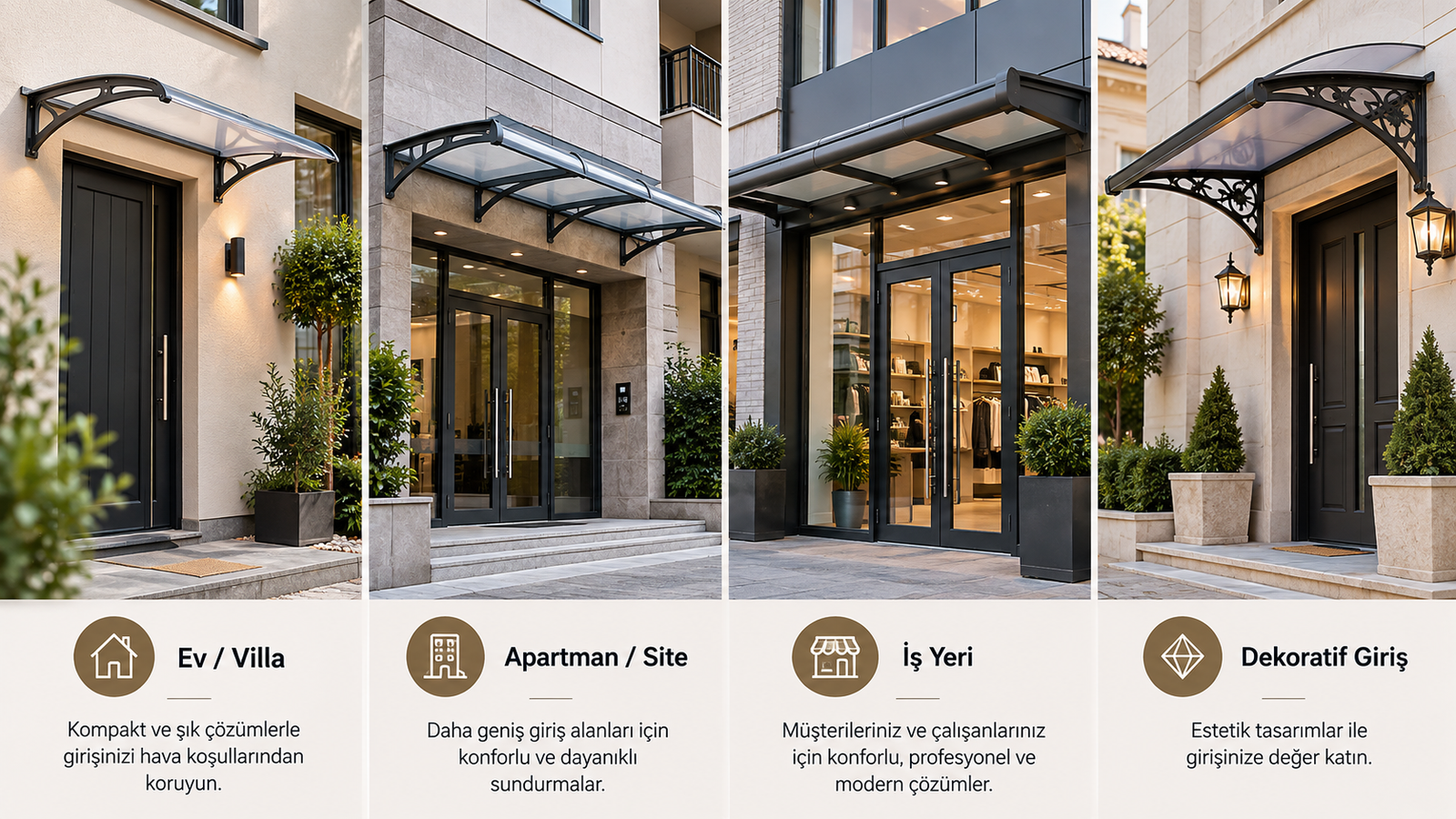 Ev, apartman, mağaza ve geniş girişlerde sundurma kullanım örnekleri
